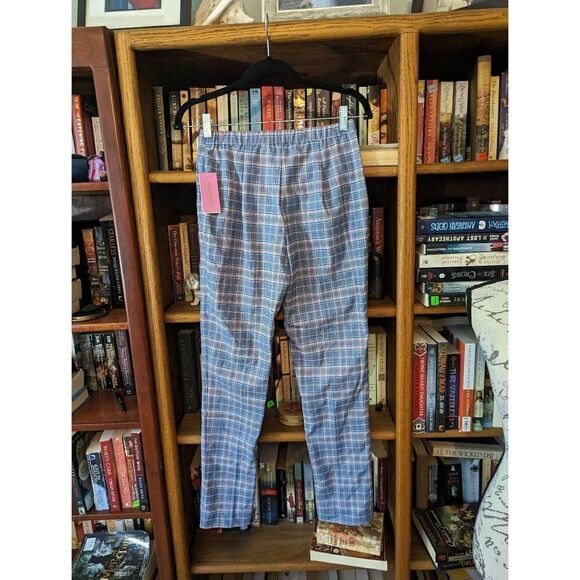 RILEY & rae Glen plaid blue checked slim cigar pants sz 0 nwt - Picture 2 of 6
